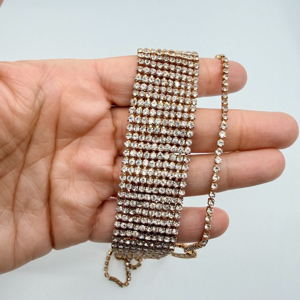 VTG Gold Tone Rhinestone Wide Choker & Lariat Y-Necklace Layered Statement Set - Picture 9 of 11